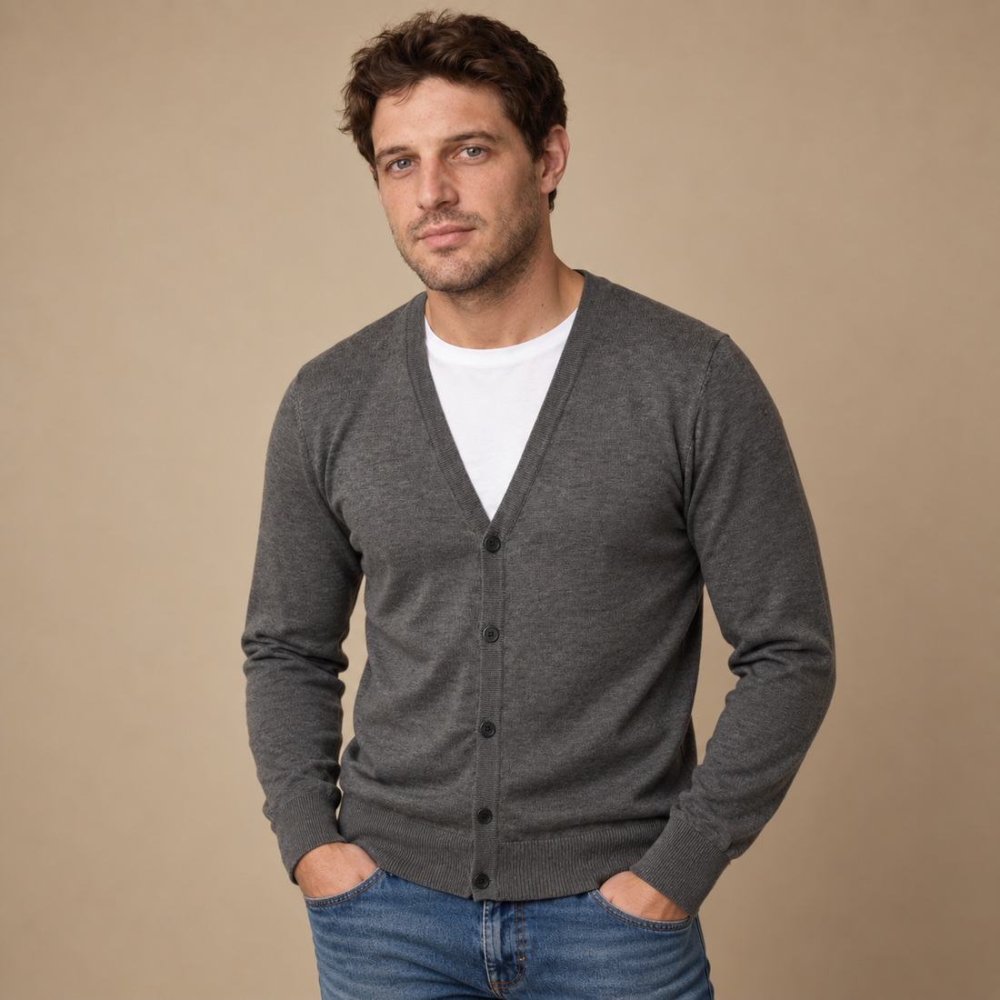 Finstrikket herrecardigan med V-hals og knapper