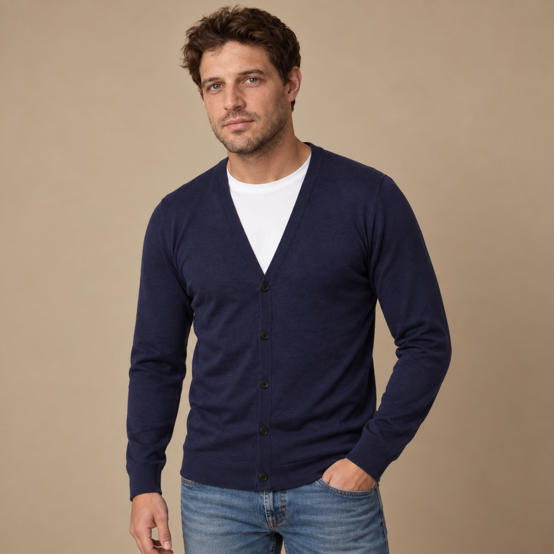 Finstrikket herrecardigan med V-hals og knapper