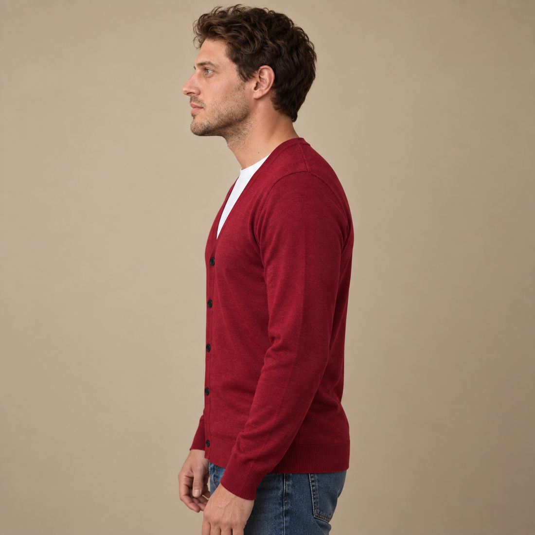 Finstrikket herrecardigan med V-hals og knapper