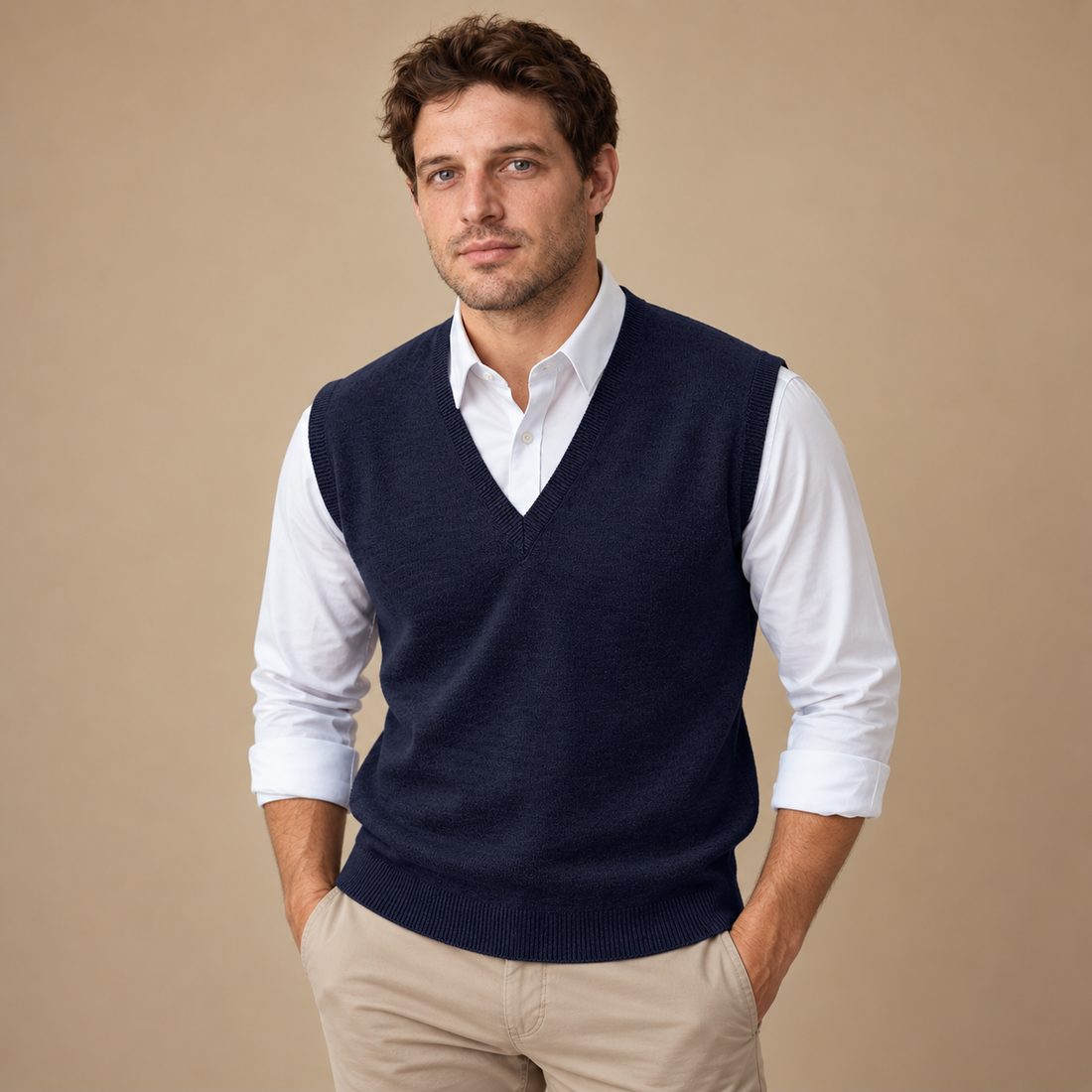 Finstrikket herresweater med V-hals