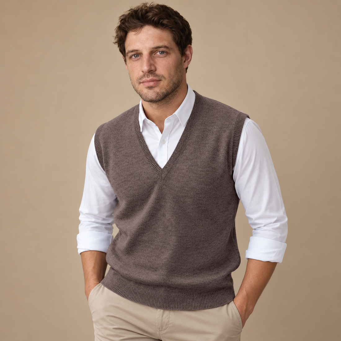Finstrikket herresweater med V-hals