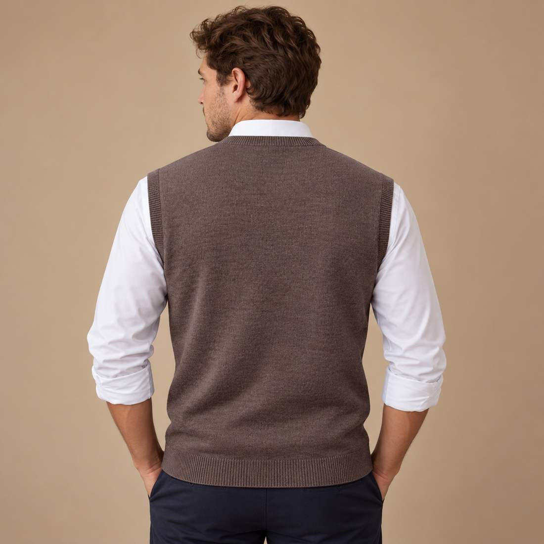 Finstrikket herresweater med V-hals