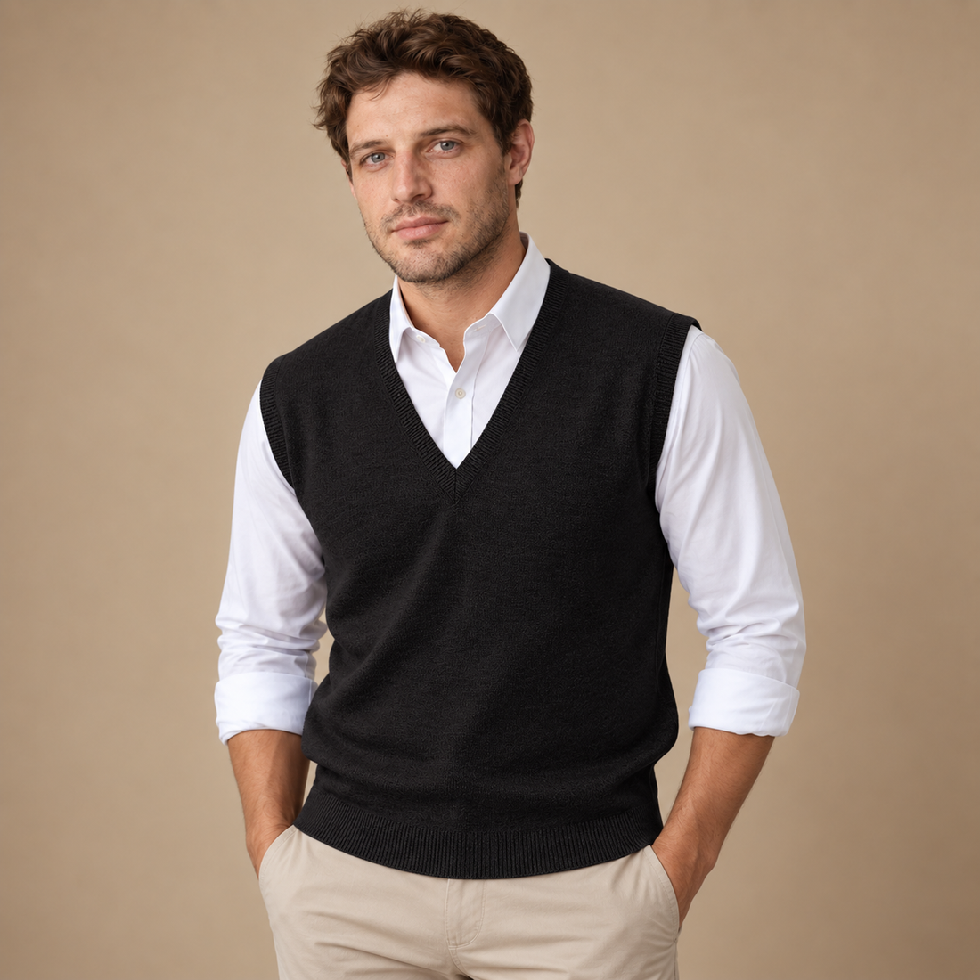 Finstrikket herresweater med V-hals