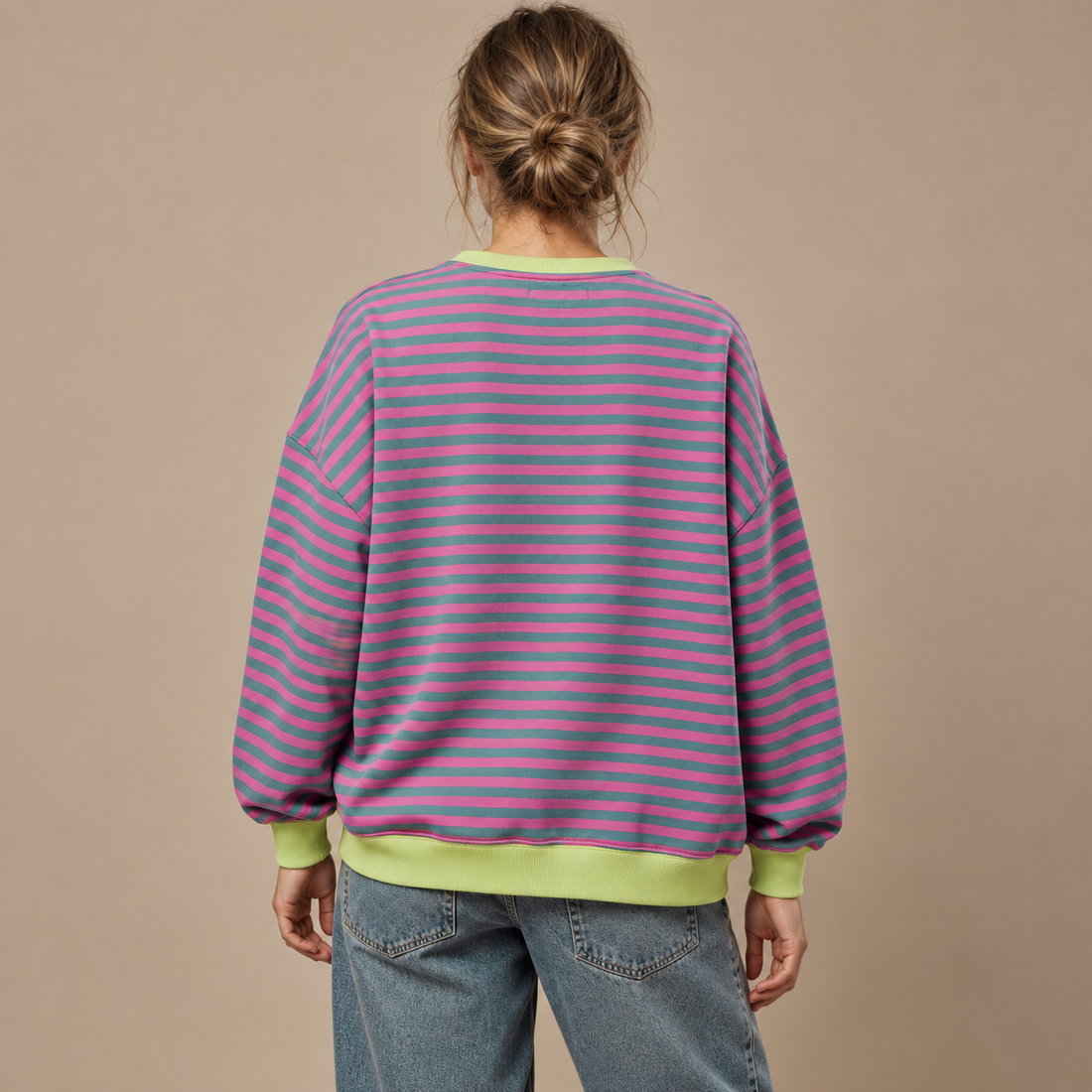 Sweatshirt til dame med striber og kontrastkanter