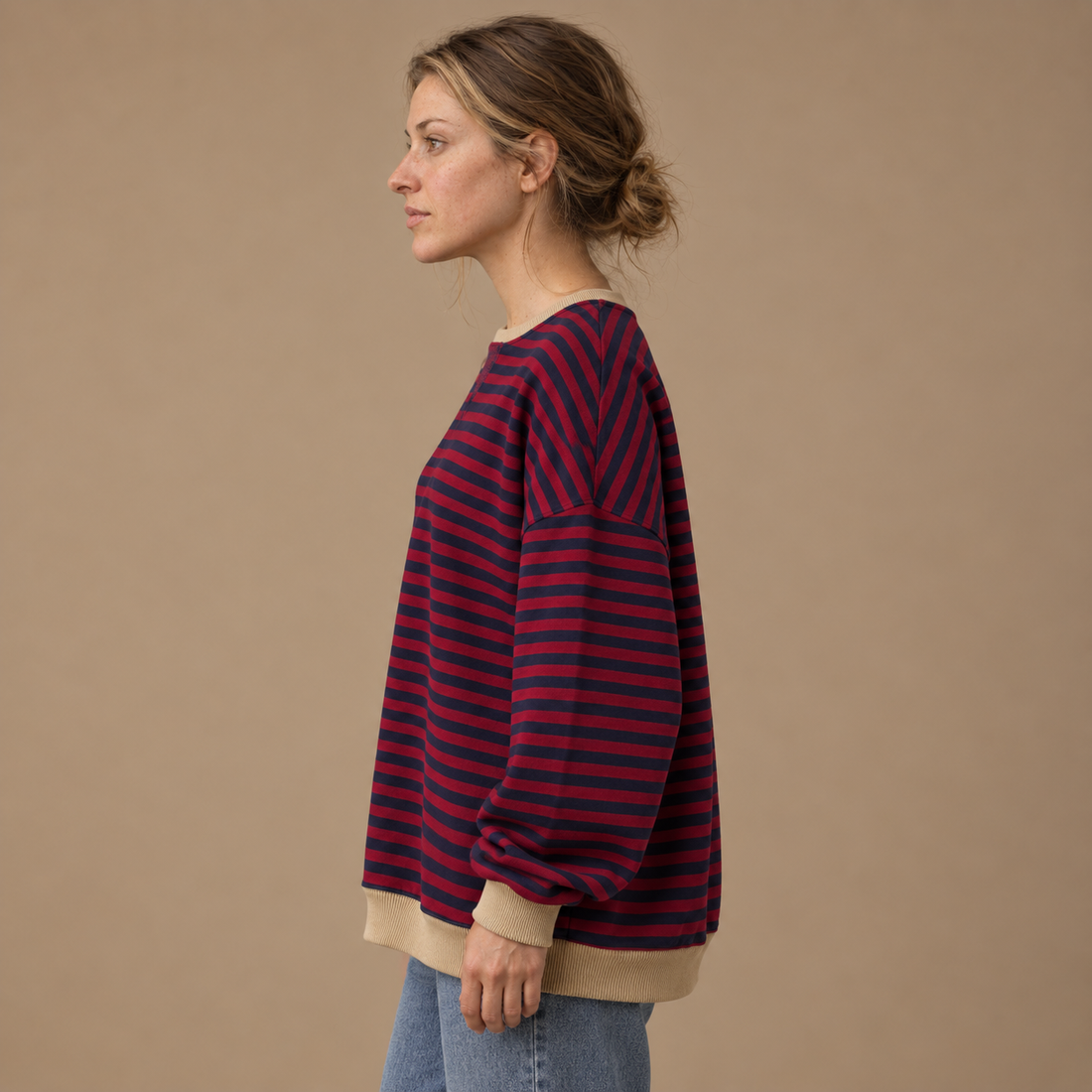 Sweatshirt til dame med striber og kontrastkanter