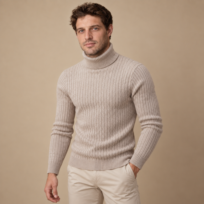 Rullekravesweater til herre i kabelstrik