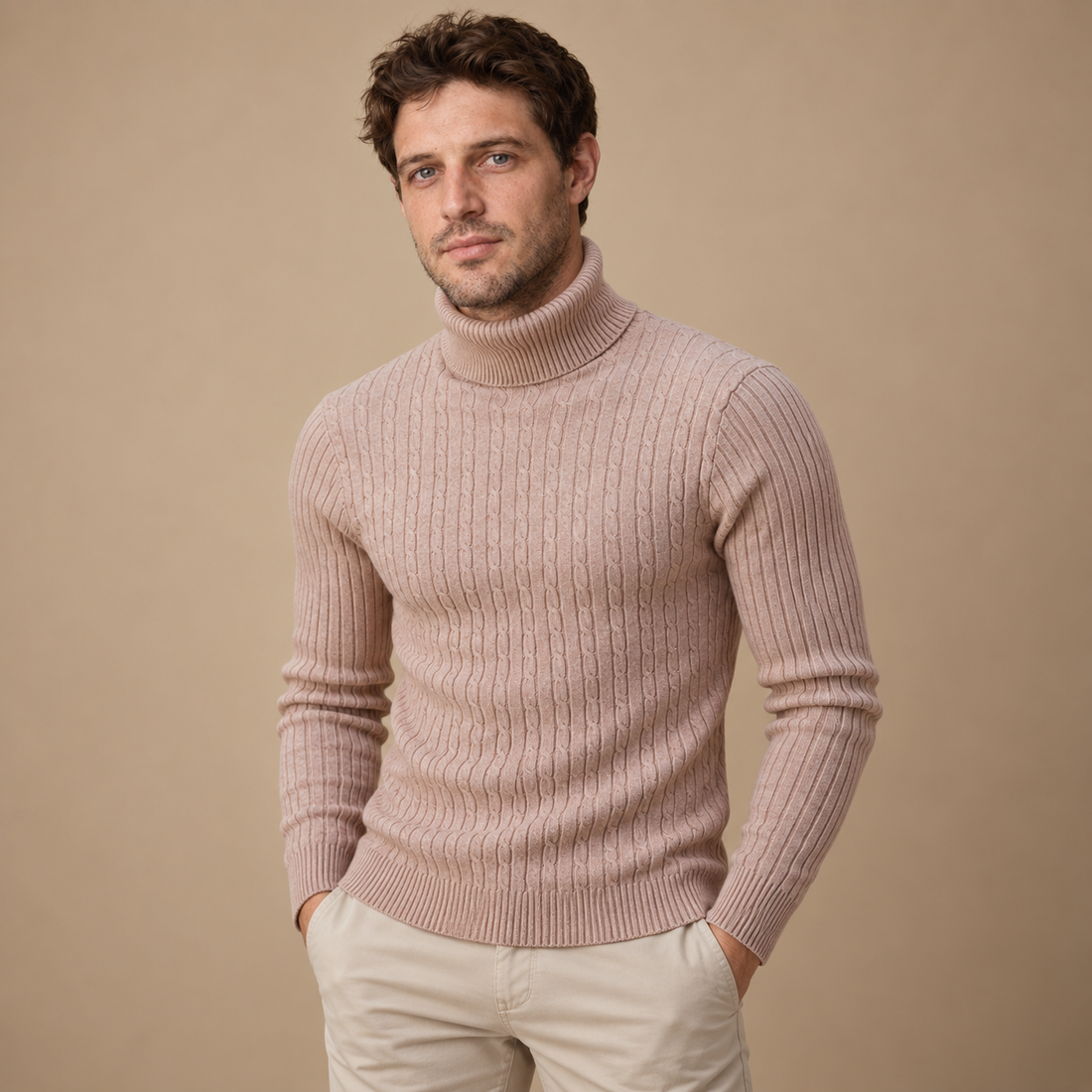 Rullekravesweater til herre i kabelstrik