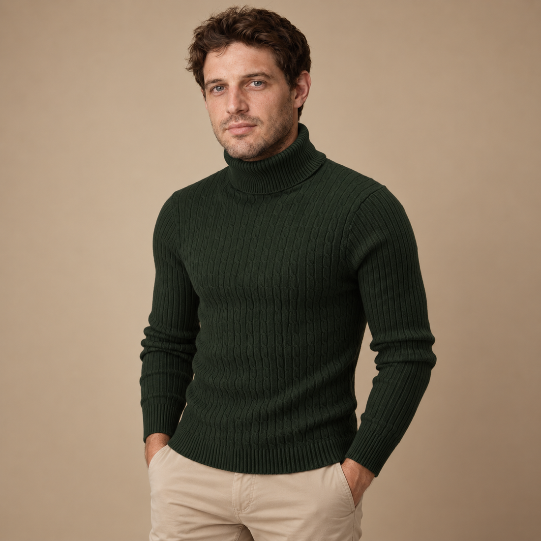 Rullekravesweater til herre i kabelstrik