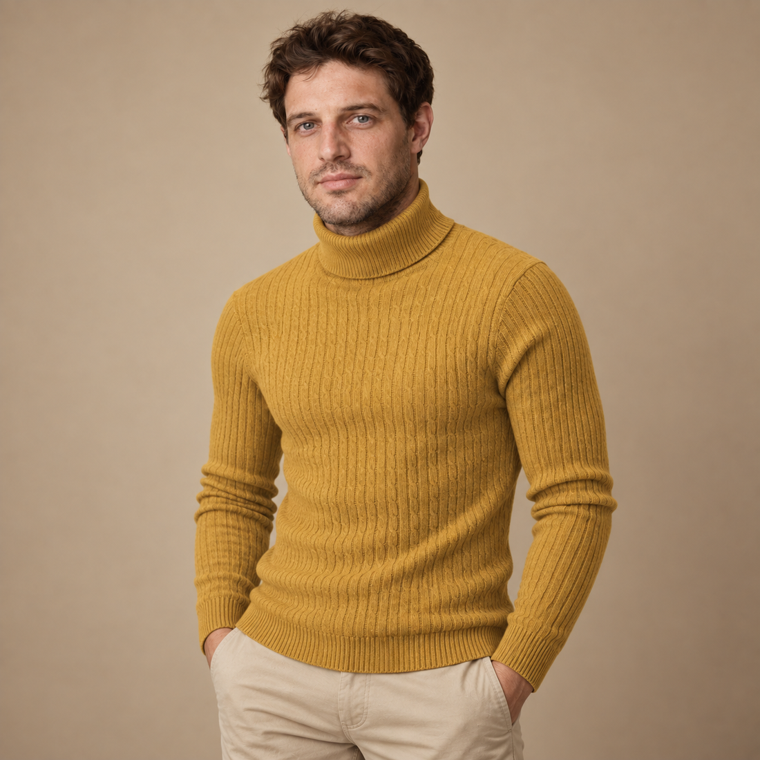 Rullekravesweater til herre i kabelstrik