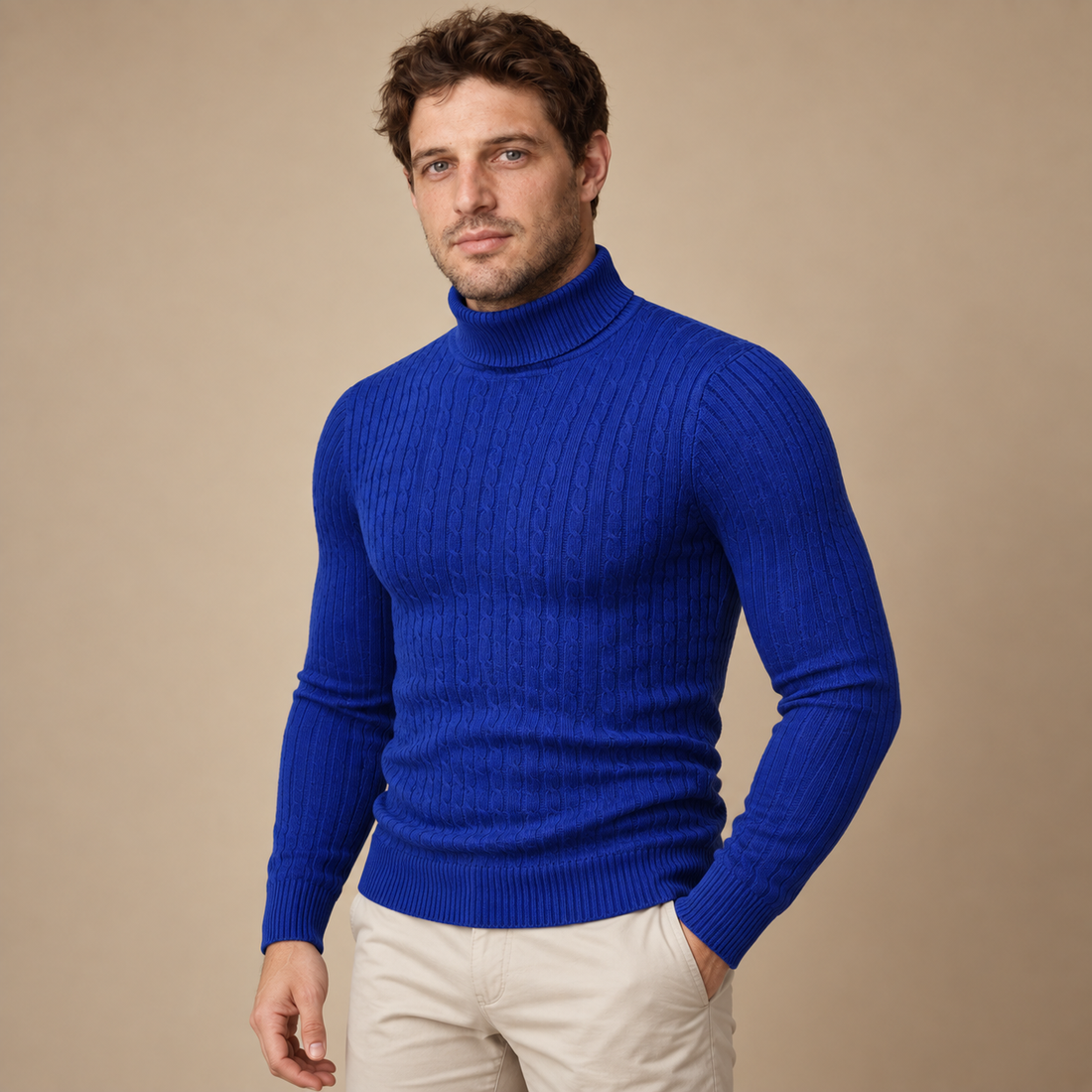 Rullekravesweater til herre i kabelstrik