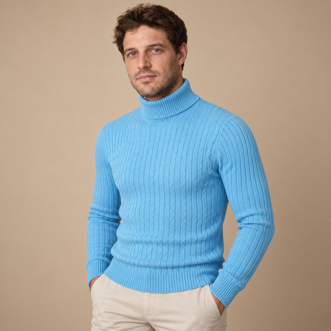 Rullekravesweater til herre i kabelstrik