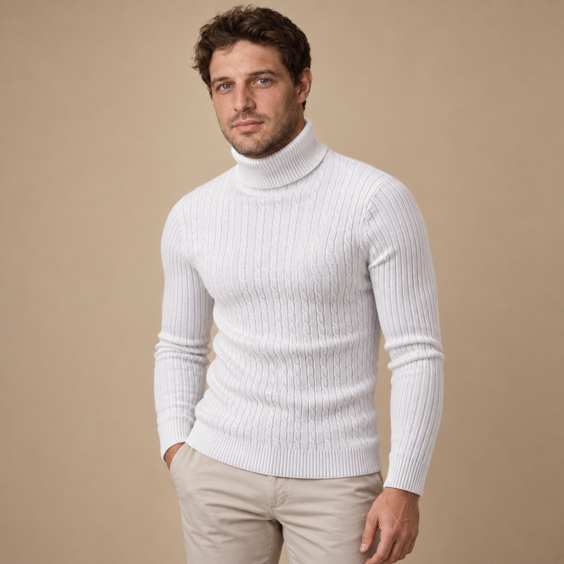 Rullekravesweater til herre i kabelstrik