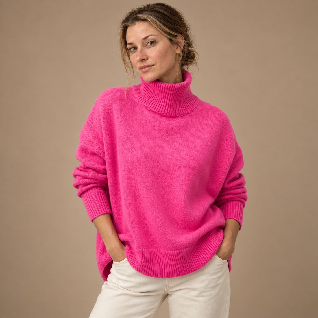 Rullekravesweater til dame med slank pasform