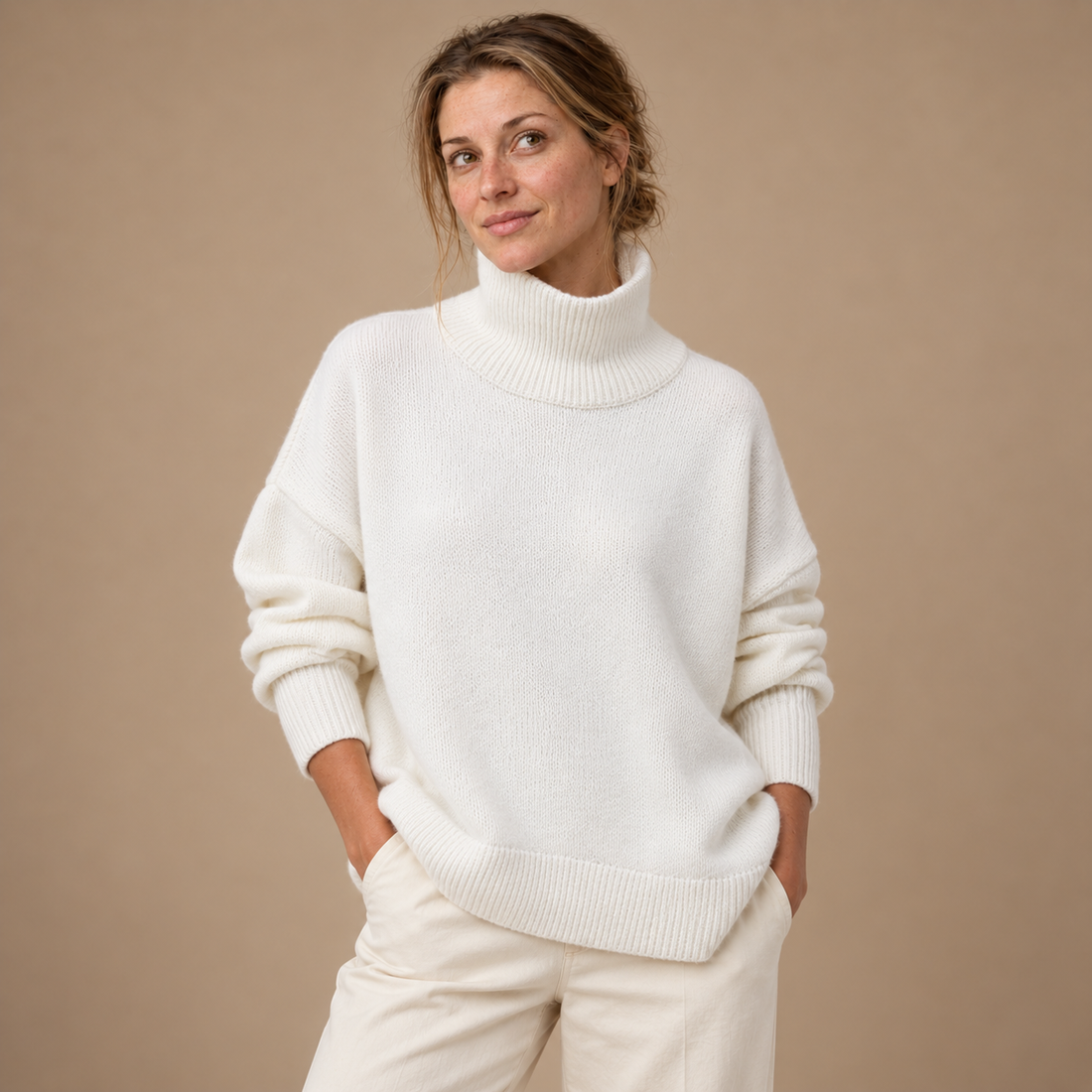 Rullekravesweater til dame med slank pasform