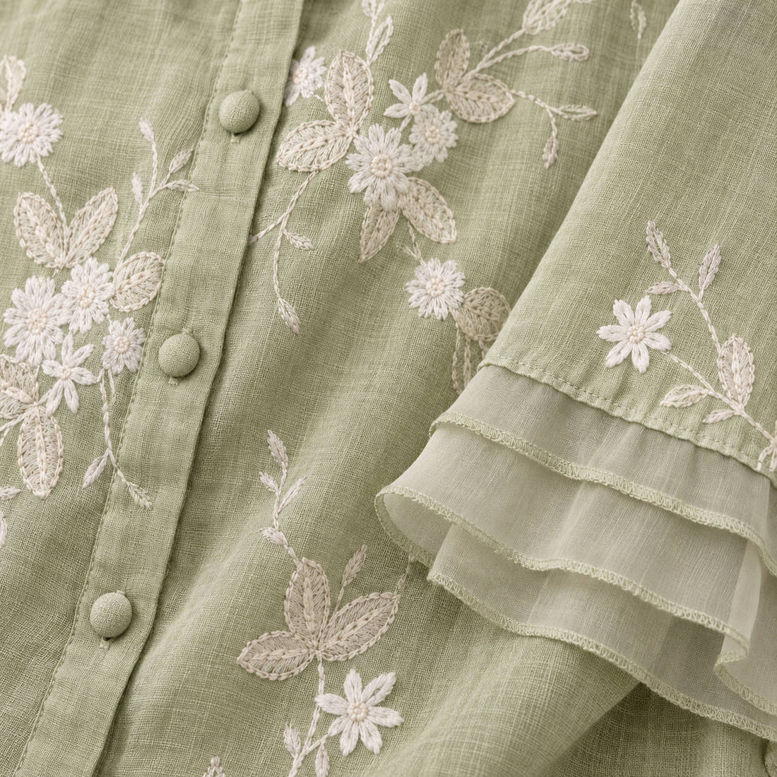 Bluse til dame med blomsterbroderi og trekvartærmer